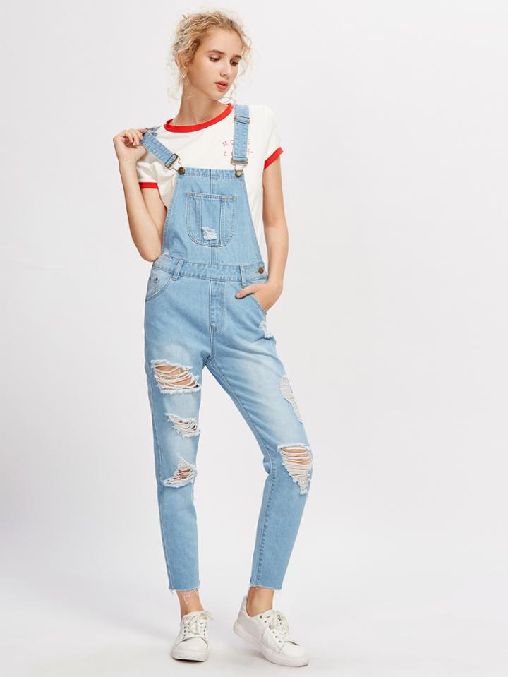 Shein Bleach Wash Ripped Denim Overalls