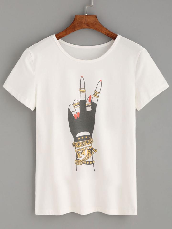 Shein White Fingers Cartoon Print T-shirt