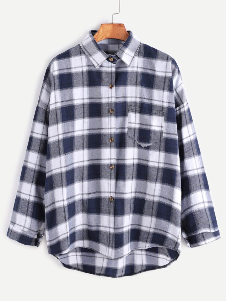 Shein Tartan Plaid Drop Shoulder High Low Pocket Shirt