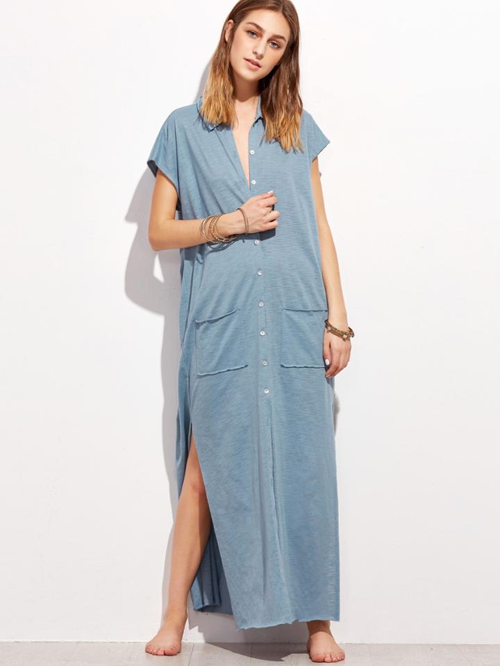 Shein Heather Blue Raw Edge Side Slit Button Up Dress