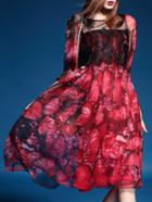 Shein Red Contrast Lace Butterfly Print A-line Dress