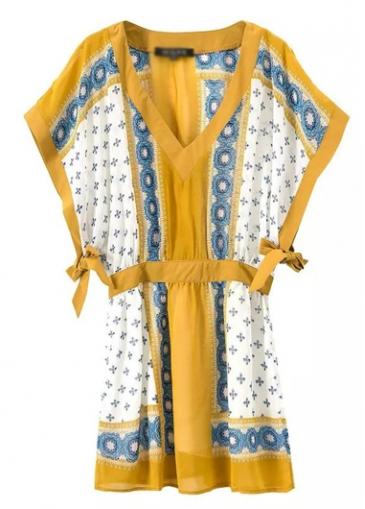 Rosewe Batwing Sleeve V Neck Printed Yellow Dress