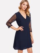 Shein Contrast Lace Sleeve Button Front Dress