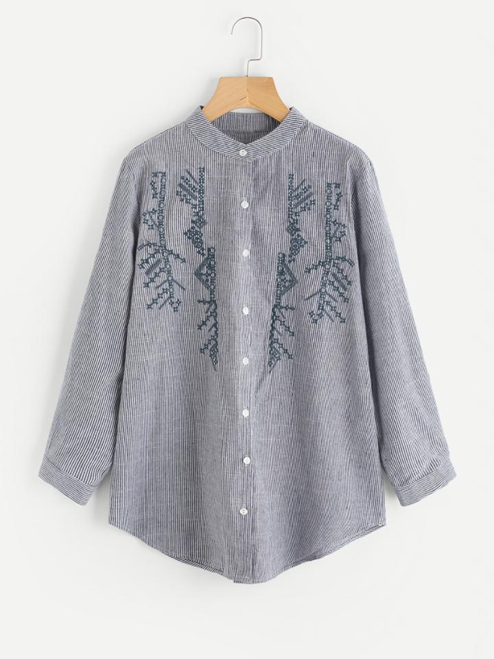 Shein Embroidery Detail Dolphin Hem Striped Blouse