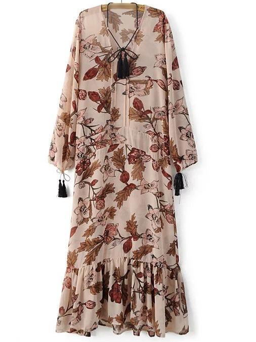 Shein Pink Tie Neck Tassels Flowers Print Maxi Dress