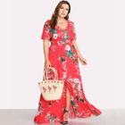 Shein Plus Button Front Smocked Waist Floral Dress