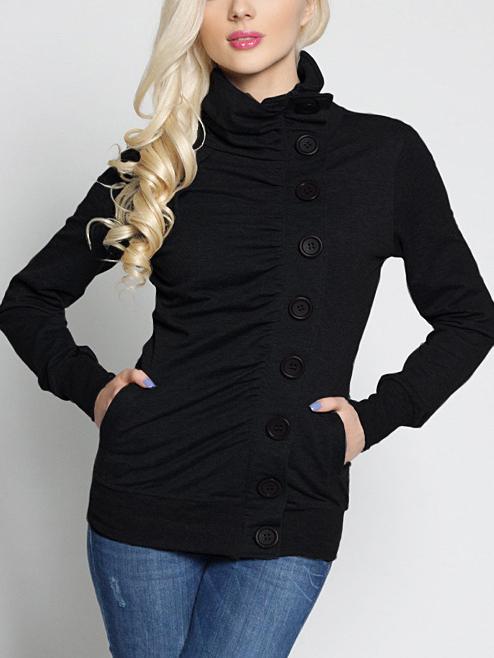 Shein Black Turtle Neck Single Breasted Sweatshirt
