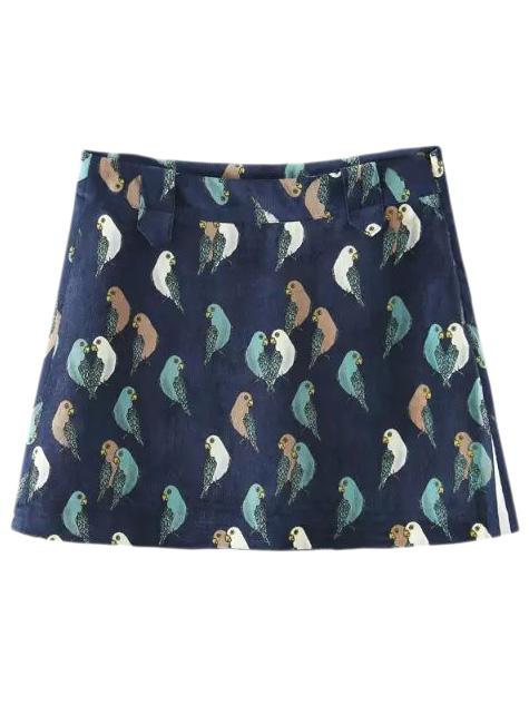 Shein Multicolor Zipper Side Birds Printed Skirt