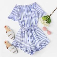 Shein Off Shoulder Ruffle Trim Striped Romper