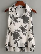 Shein White Flower Print Pointed Collar Chiffon Top