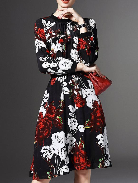 Shein Black Rose Print Elastic-waist A-line Dress