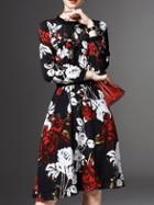 Shein Black Rose Print Elastic-waist A-line Dress