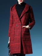 Shein Red V Neck Long Sleeve Pockets Hooded Coat