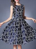 Shein Blue Belted Jacquard A-line Dress
