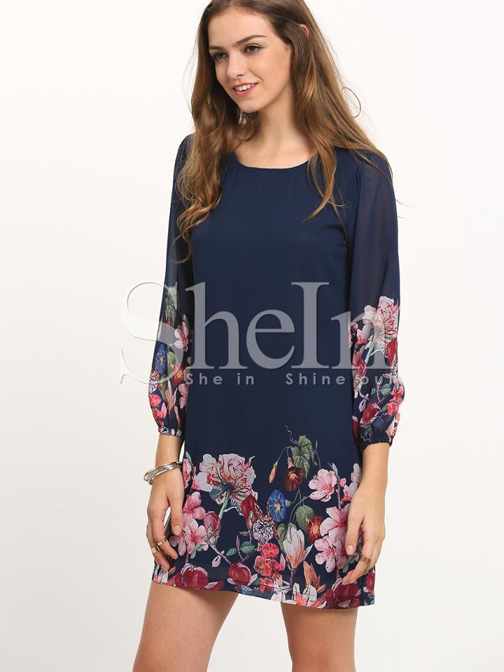 Shein Flower Print Lantern Sleeve Dress