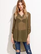 Shein V Neck High Low Roll Tab Sleeve Mesh Blouse