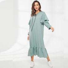 Shein Lace Up Neck Ruffle Trim Hoodie Dress