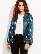 Shein Blue Lightning Print Satin Bomber Jacket