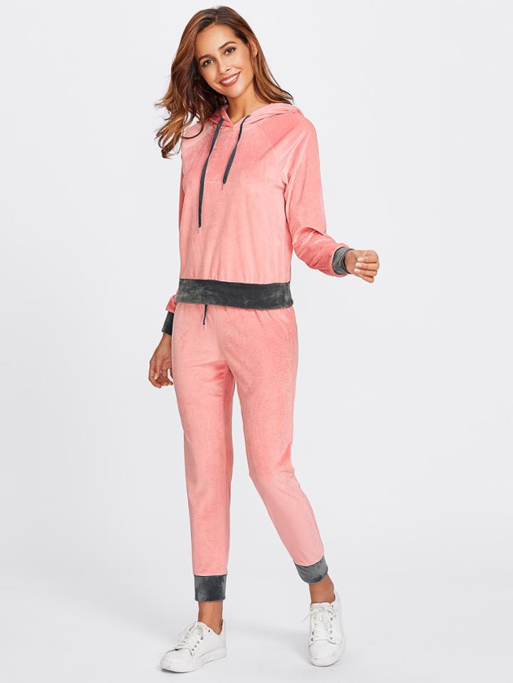 Shein Contrast Trim Velvet Hoodie & Sweatpants Set