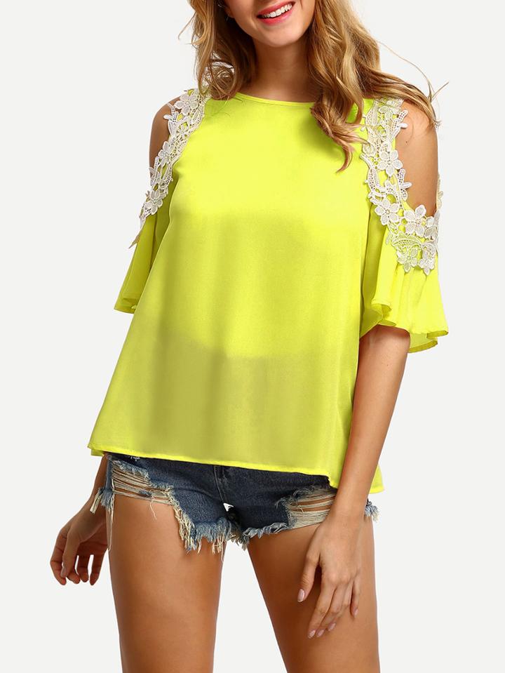 Shein Lace Applique Open Shoulder Keyhole Back Top