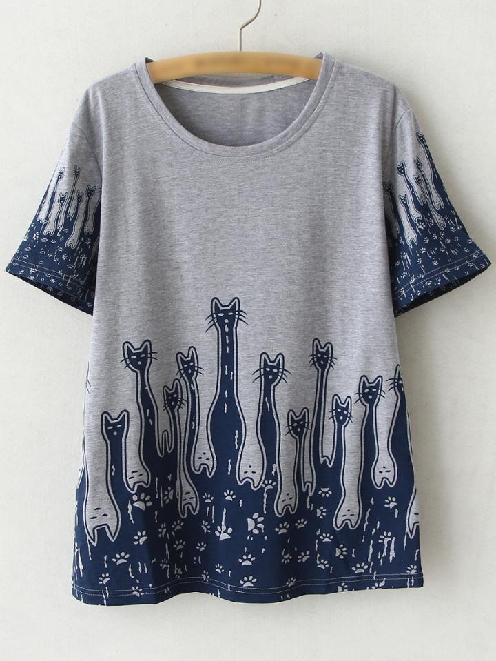 Shein Grey Short Sleeve Print Casual T-shirt