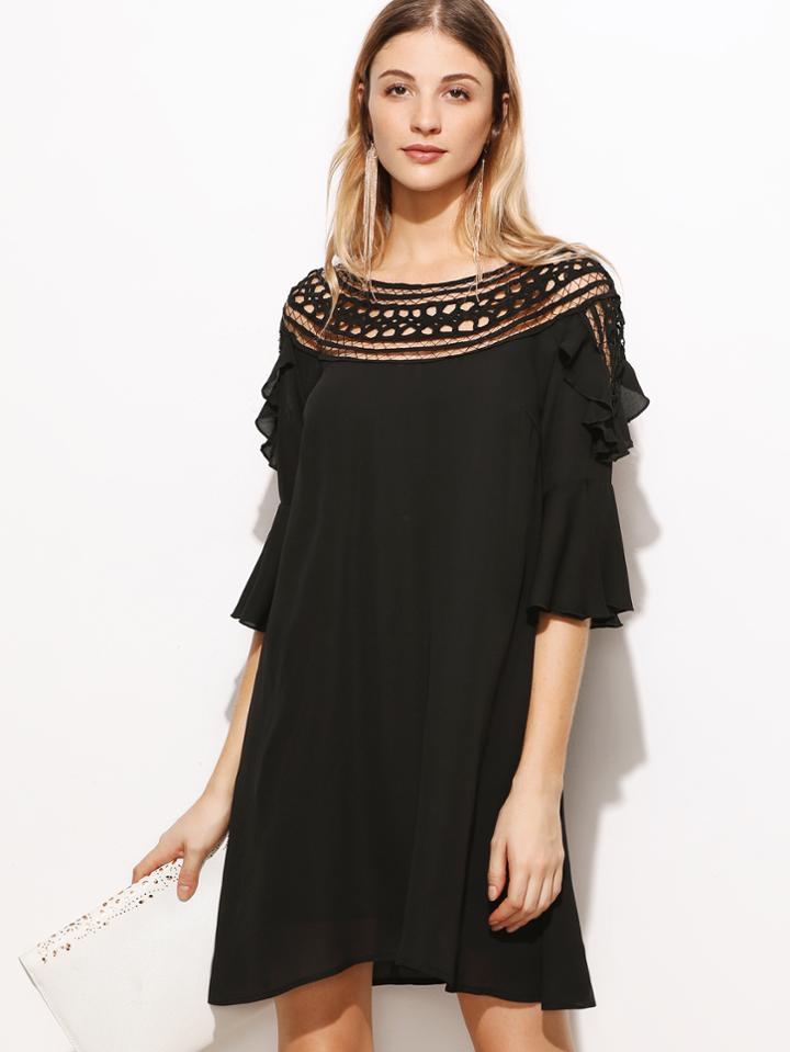 Shein Black Hollow Out Crochet Neck Ruffle Trim Dress