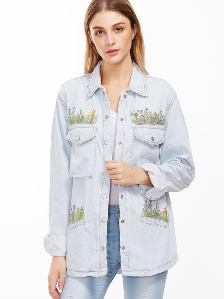 Shein Light Blue Embroidery Single Breasted Denim Jacket