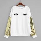 Shein Plus Contrast Sequin Panel Eyelash Print Pullover
