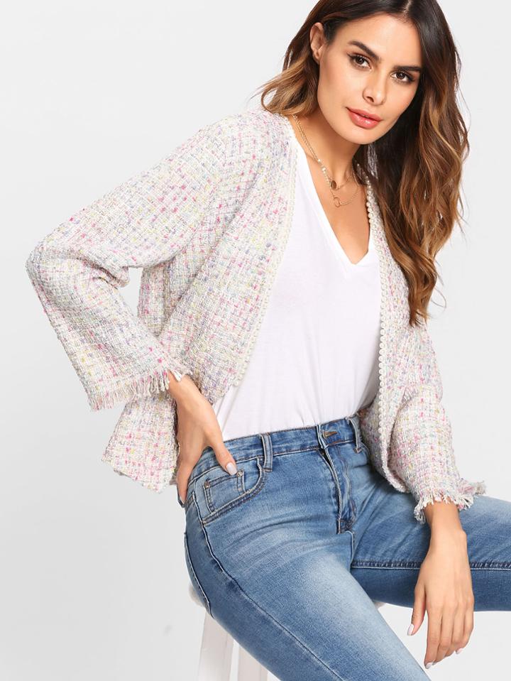 Shein Pearl Beaded Trim Fringe Cuff Tweed Blazer