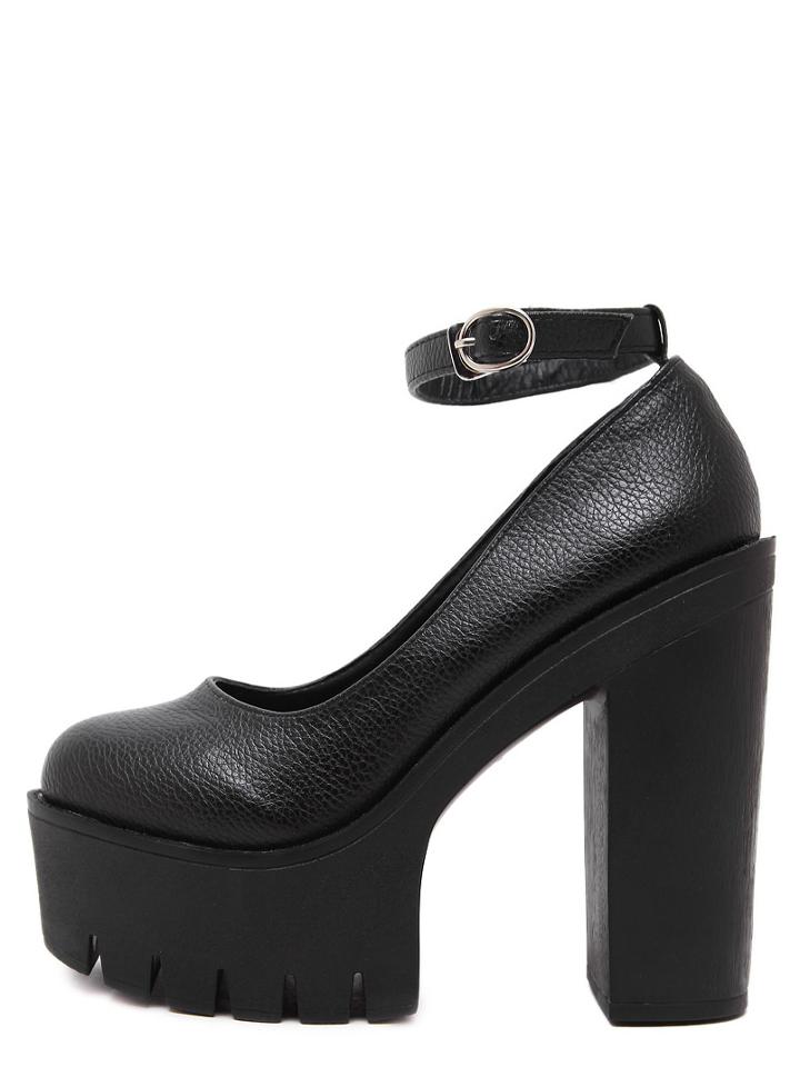 Shein Black Round Toe Ankle Strap Platform Chunky Pumps