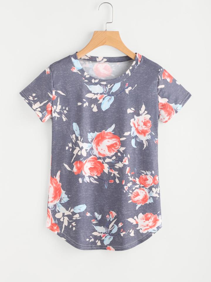Shein Florals Curved Hem T-shirt