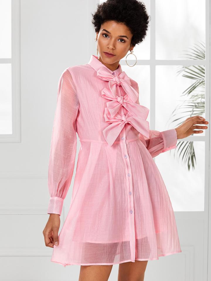 Shein Bow Embellished Placket Shirt Dress