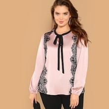 Shein Plus Tie Neck Lace Trim Top