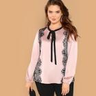 Shein Plus Tie Neck Lace Trim Top