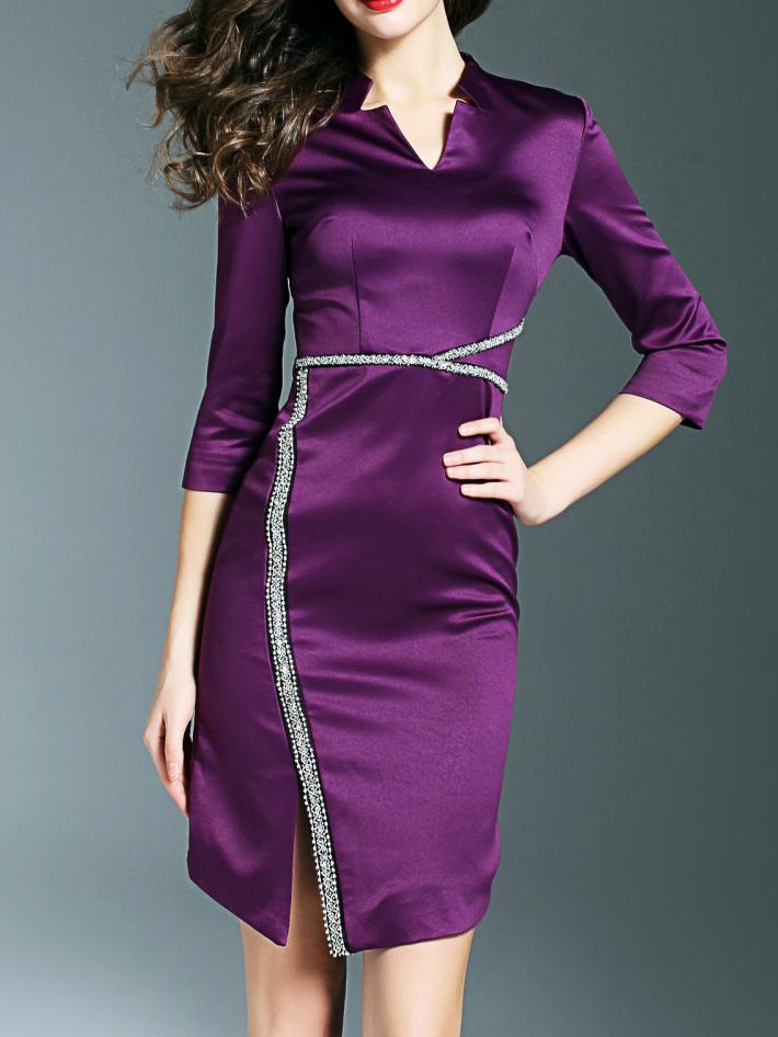 Shein Purple V Neck Beading Split Dress