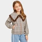 Shein Girls Zip Up Fringe Trim Plaid Jacket