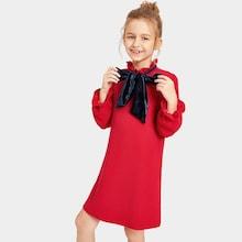 Shein Girls Velvet Bow Detail Ruffle Trim Textured Dress
