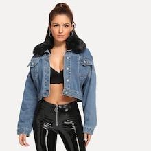 Shein Detachable Faux Fur Trim Crop Denim Jacket