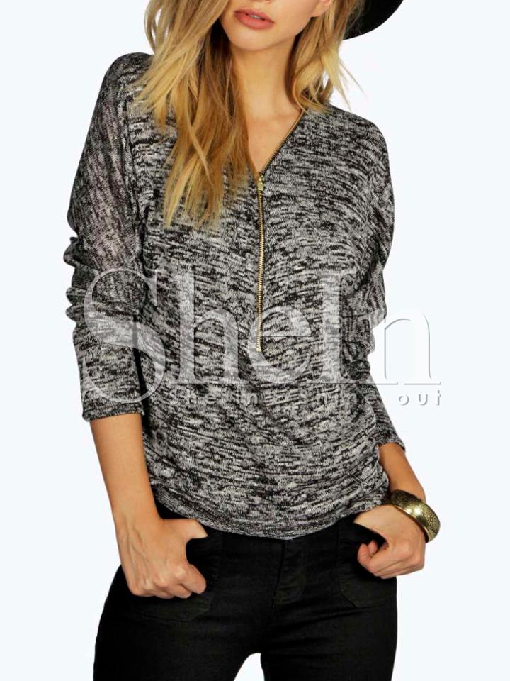 Shein Grey Long Sleeve V Neck Zipper Sweater
