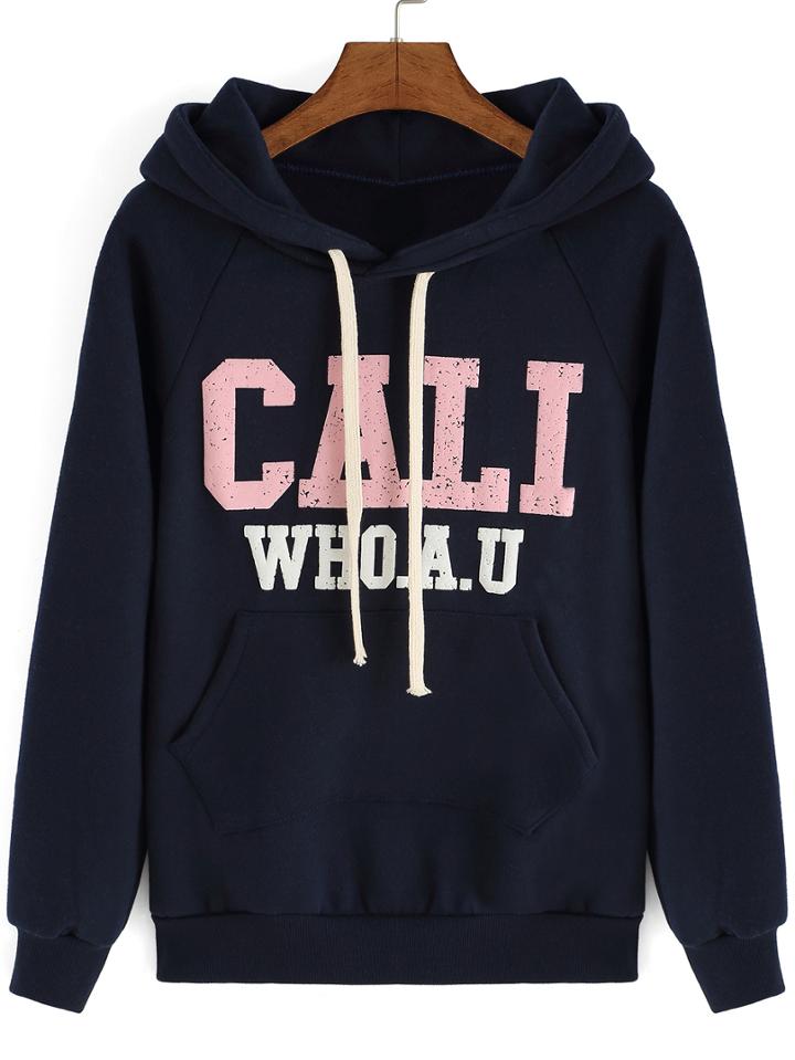 Shein Navy Hooded Letters Print Sweatshirt