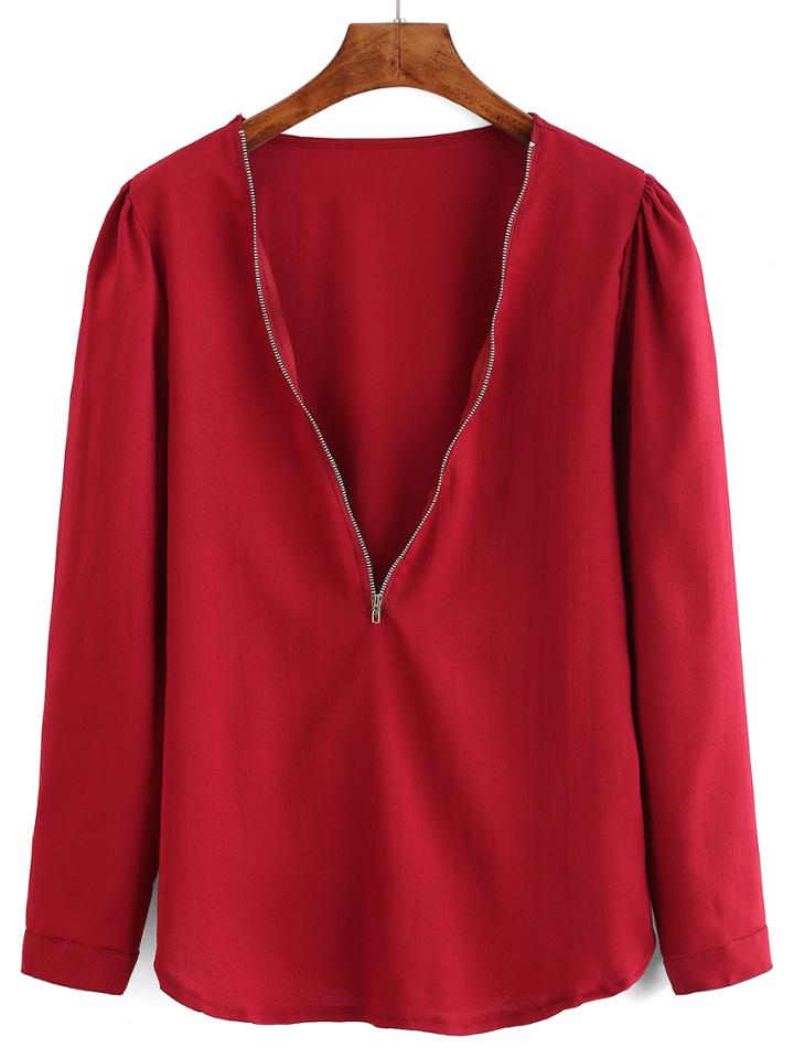Shein Burgundy Deep V Neck Zipper Loose Blouse
