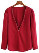 Shein Burgundy Deep V Neck Zipper Loose Blouse