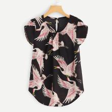 Shein Petal Sleeve Animal Print Curved Hem Blouse