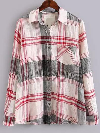 Shein Multicolor Lapel Plaid Pocket Blouse