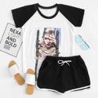 Shein Figure Print Colorblock Top & Contrast Binding Shorts