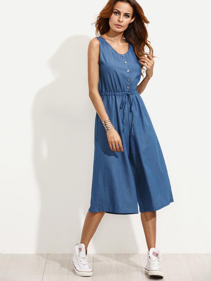 Shein Blue Button Front Drawstring Wide Leg Denim Jumpsuit