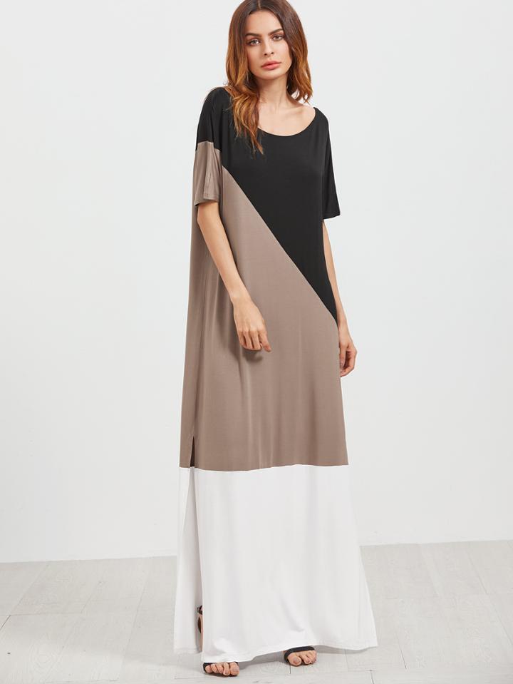 Shein Color Block Scoop Neck Side Slit Maxi Dress
