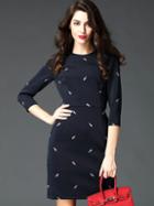 Shein Navy Round Neck Length Sleeve Embroidered Dress