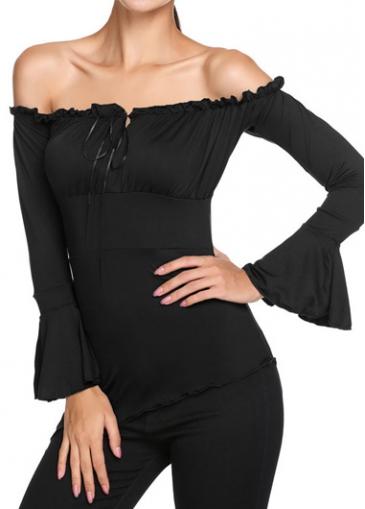 Rosewe Ruffled Off The Shoulder Black Blouse