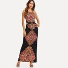 Shein Ornate Print Cutout Midriff Cami Dress